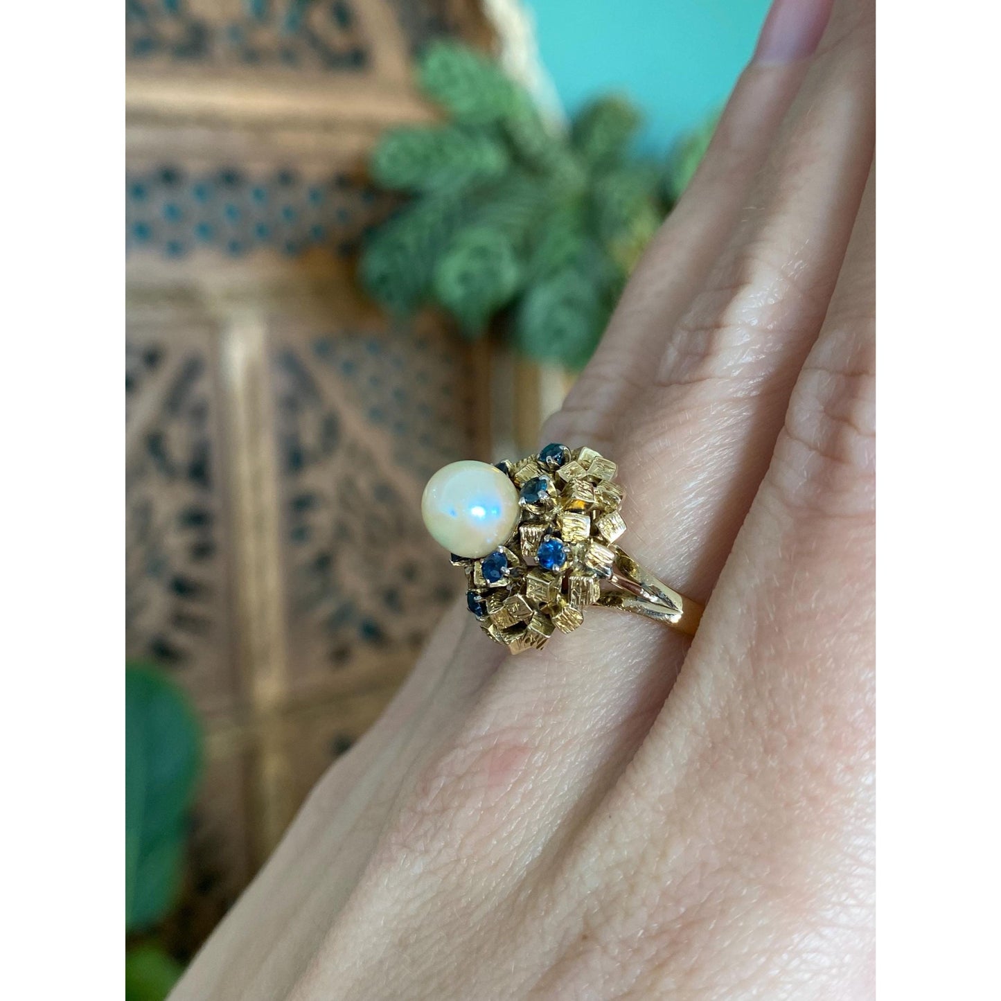 Solid 14k Yellow Gold Pearl Blue Sapphire Cocktail Ring - Size 7.5