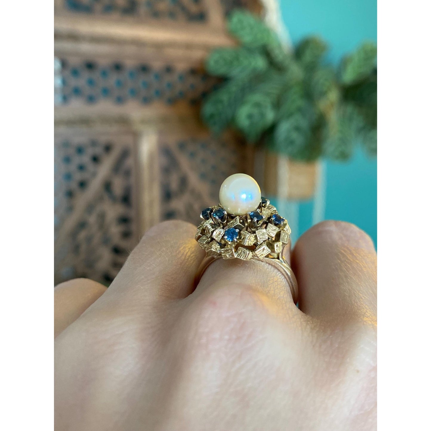 Solid 14k Yellow Gold Pearl Blue Sapphire Cocktail Ring - Size 7.5