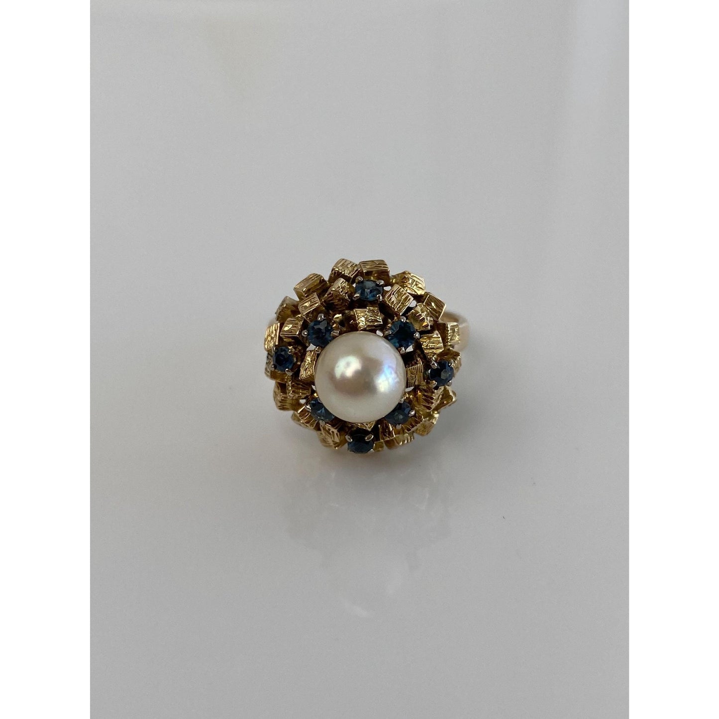 Solid 14k Yellow Gold Pearl Blue Sapphire Cocktail Ring - Size 7.5