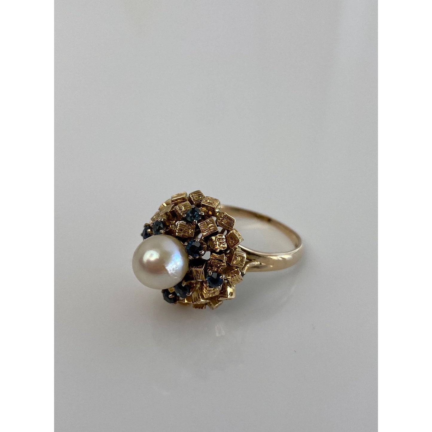 Solid 14k Yellow Gold Pearl Blue Sapphire Cocktail Ring - Size 7.5