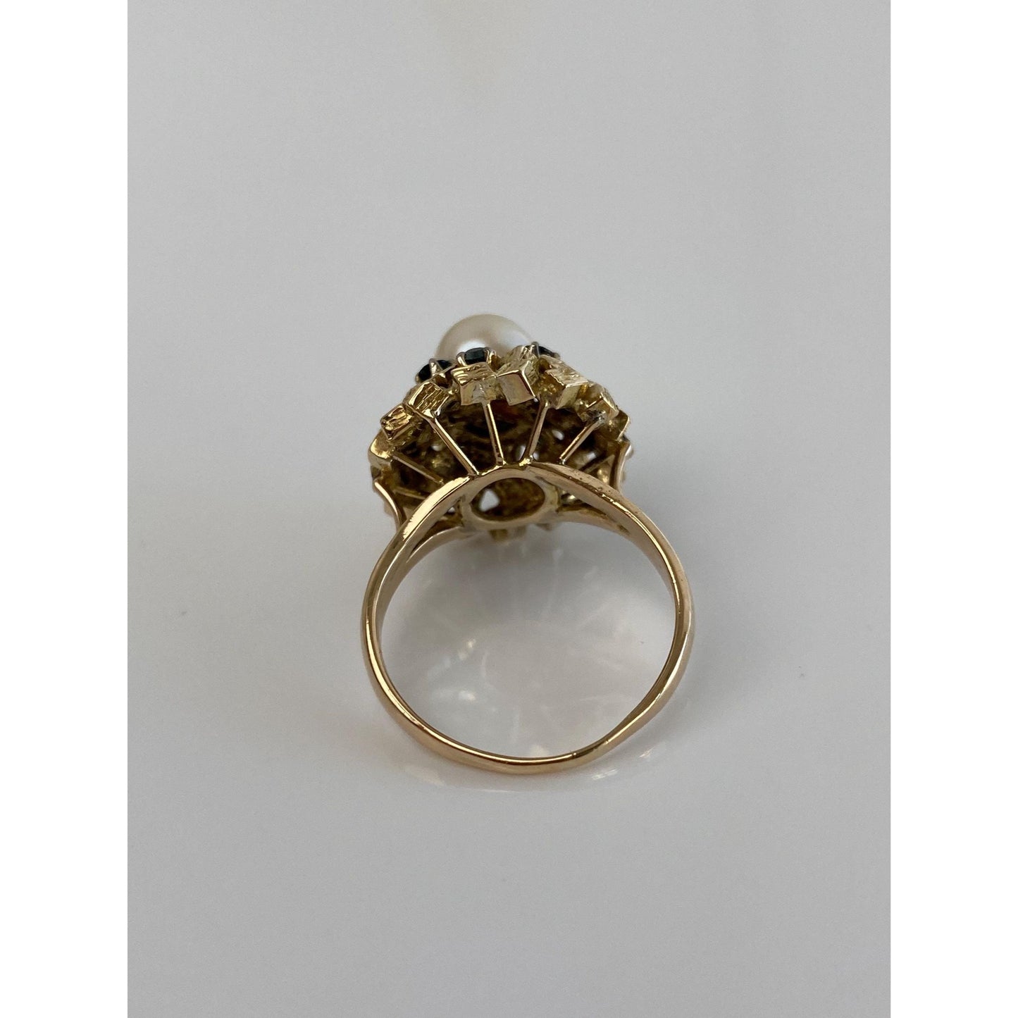 Solid 14k Yellow Gold Pearl Blue Sapphire Cocktail Ring - Size 7.5