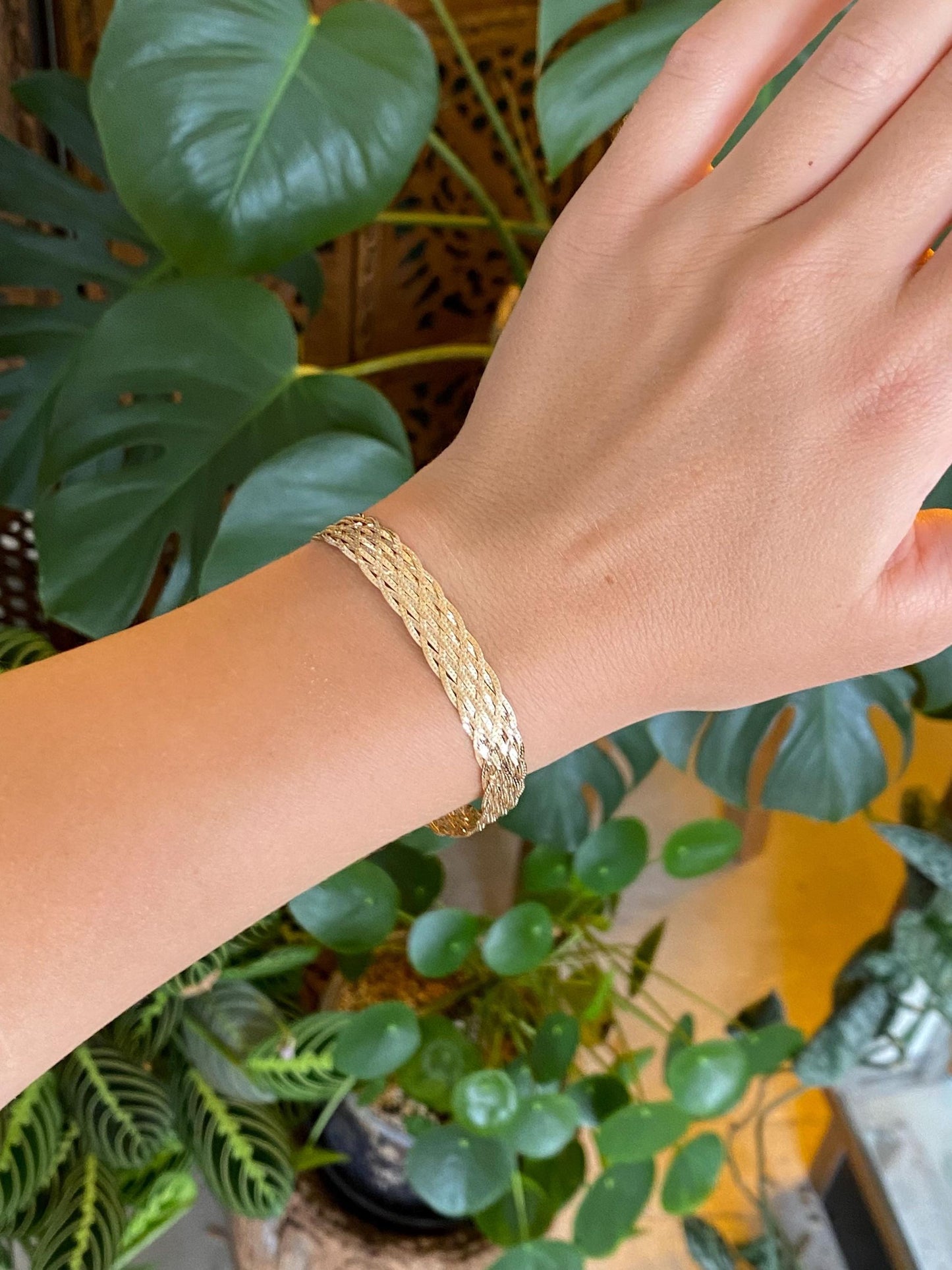 Vintage Solid 14k Yellow Gold Woven Flat Chain Bracelet - 6.75 inches