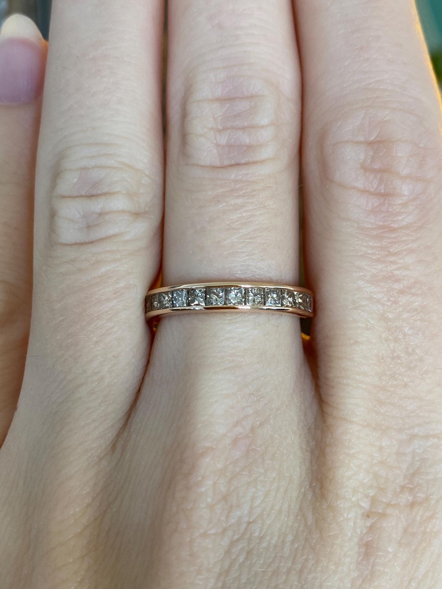Vintage Solid 14k Rosey Gold Princess Cut Brown Diamond Ring Band - Size 7