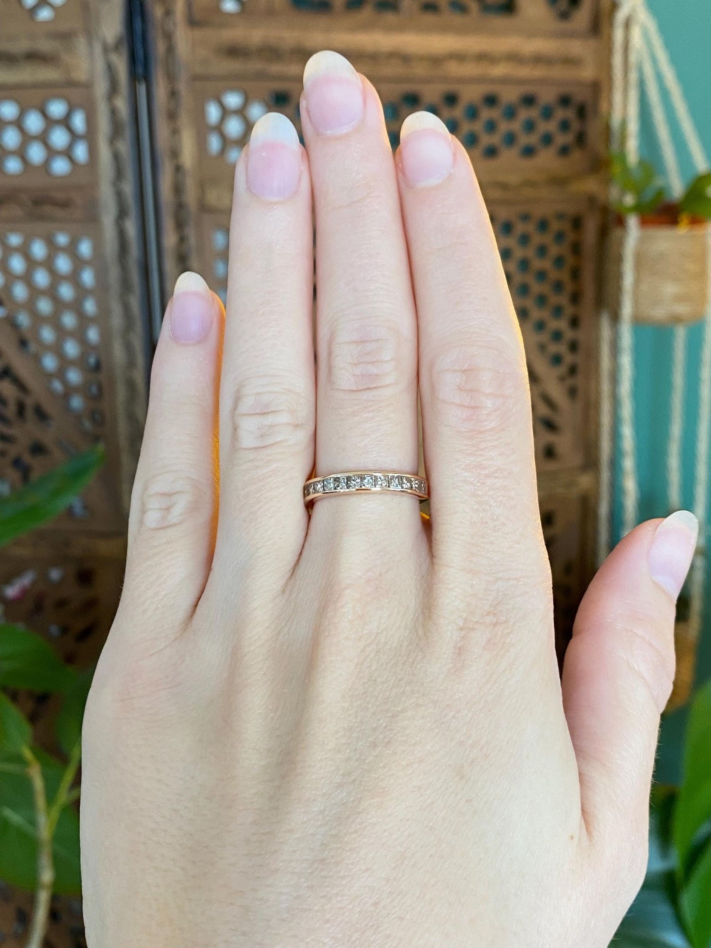 Vintage Solid 14k Rosey Gold Princess Cut Brown Diamond Ring Band - Size 7