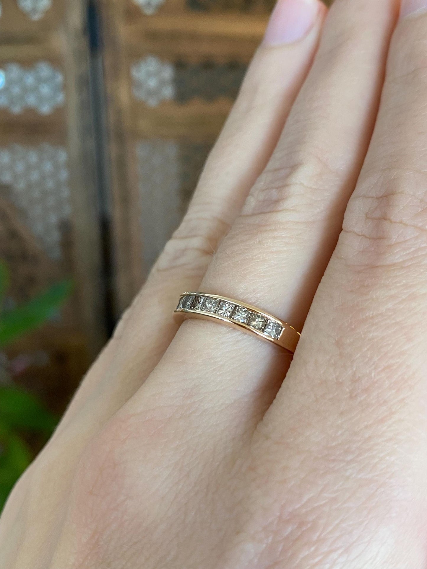 Vintage Solid 14k Rosey Gold Princess Cut Brown Diamond Ring Band - Size 7