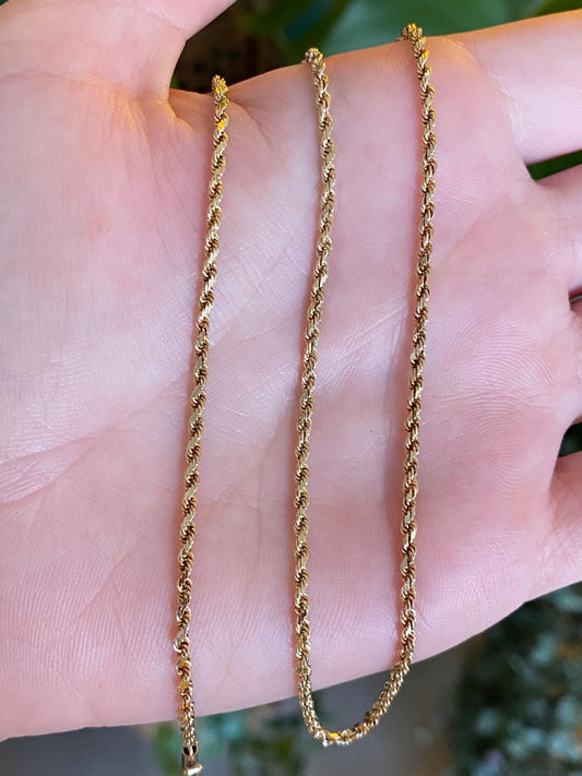 Vintage Solid 14k Yellow Gold Slim Rope Chain Necklace - 15.5 inches