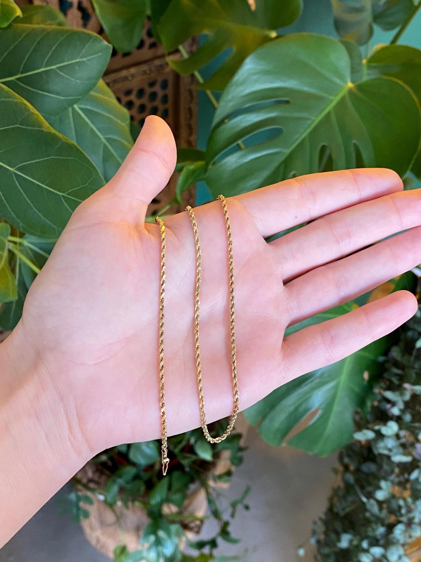 Vintage Solid 14k Yellow Gold Slim Rope Chain Necklace - 15.5 inches