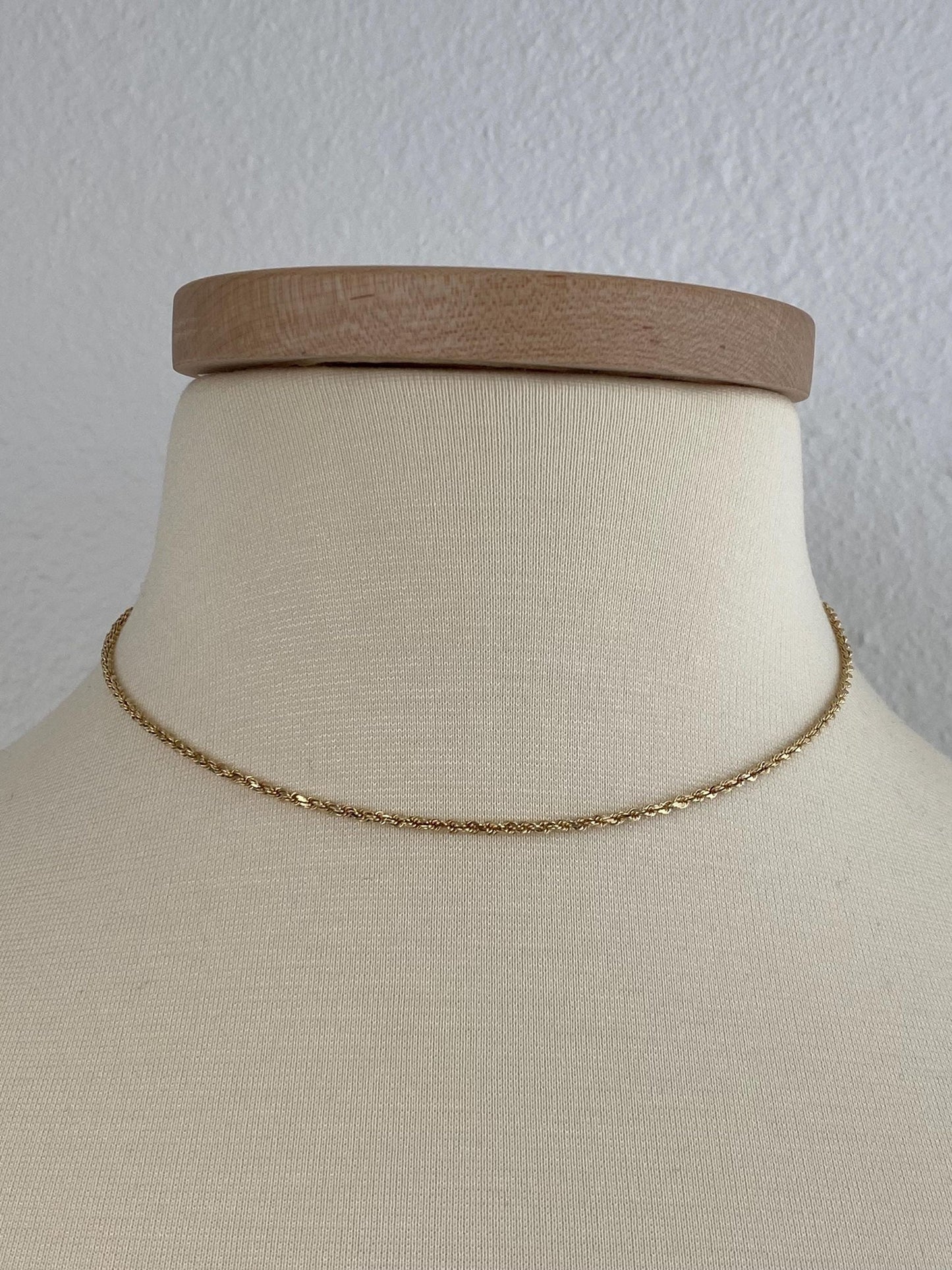 Vintage Solid 14k Yellow Gold Slim Rope Chain Necklace - 15.5 inches