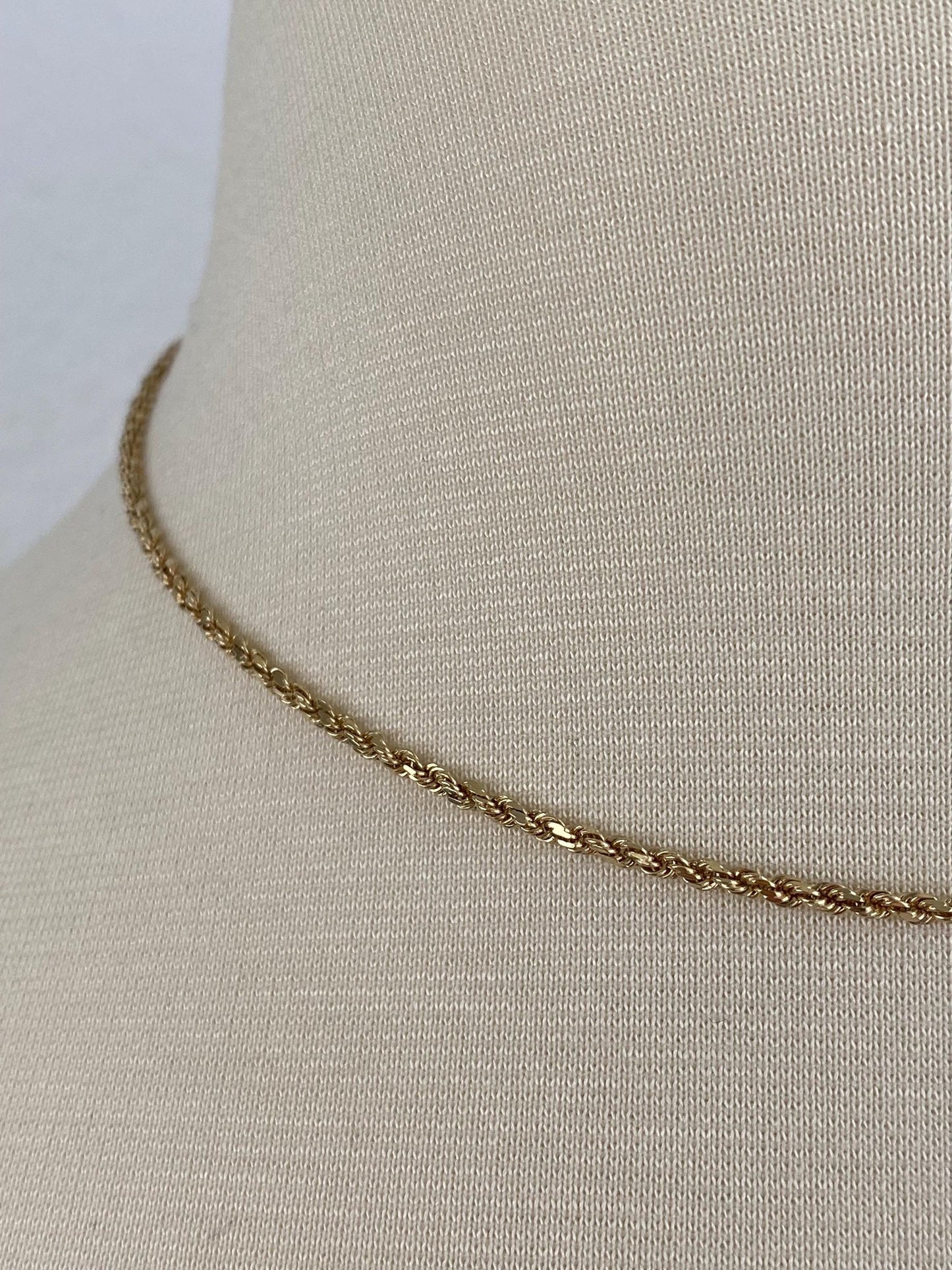 Vintage Solid 14k Yellow Gold Slim Rope Chain Necklace - 15.5 inches