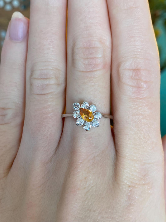 Vintage Solid 18k White Gold Clear Spinel Halo Orange Sapphire Ring - Size 7