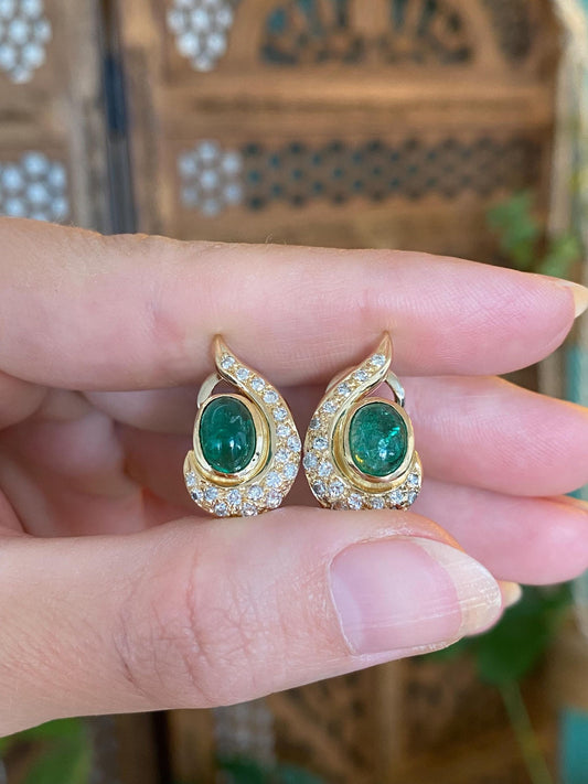 Vintage Solid 14k Yellow Gold Diamond Emerald Drop Earrings