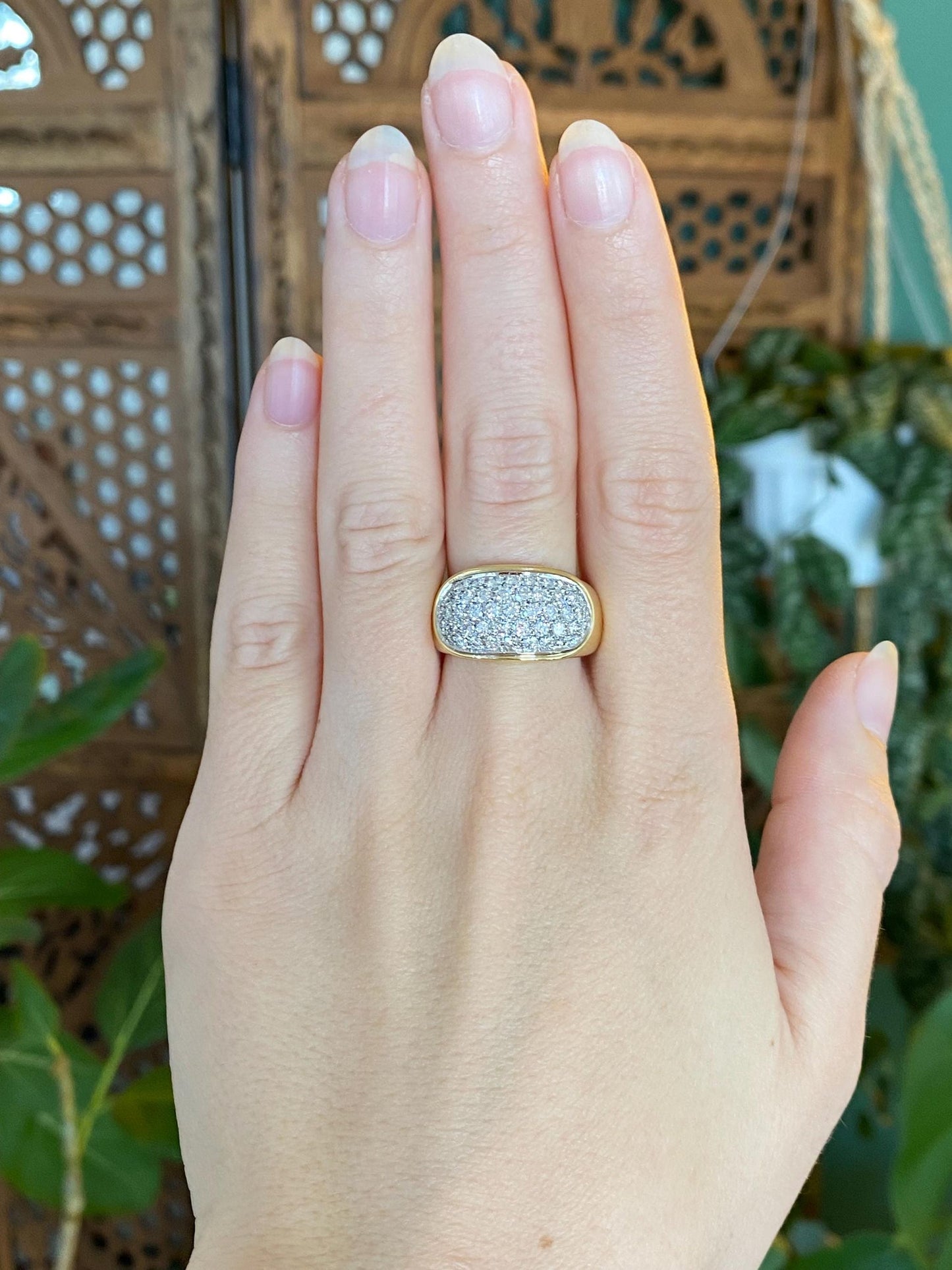 Vintage Solid 18k White & Yellow Gold Diamond Pave Wide Tapered Ring Band - Size 8