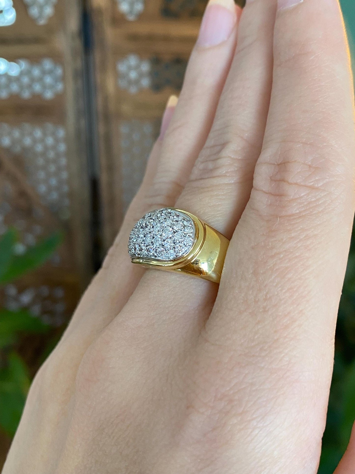 Vintage Solid 18k White & Yellow Gold Diamond Pave Wide Tapered Ring Band - Size 8