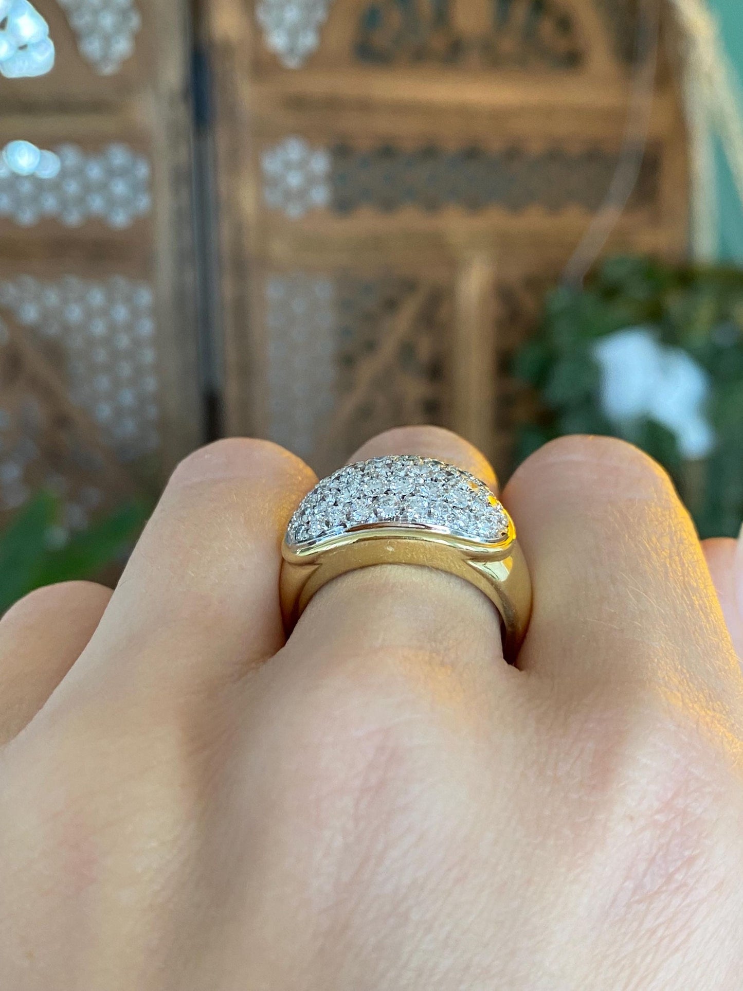 Vintage Solid 18k White & Yellow Gold Diamond Pave Wide Tapered Ring Band - Size 8