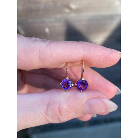Vintage Solid 14k Yellow Gold Amethyst Dangle Earrings