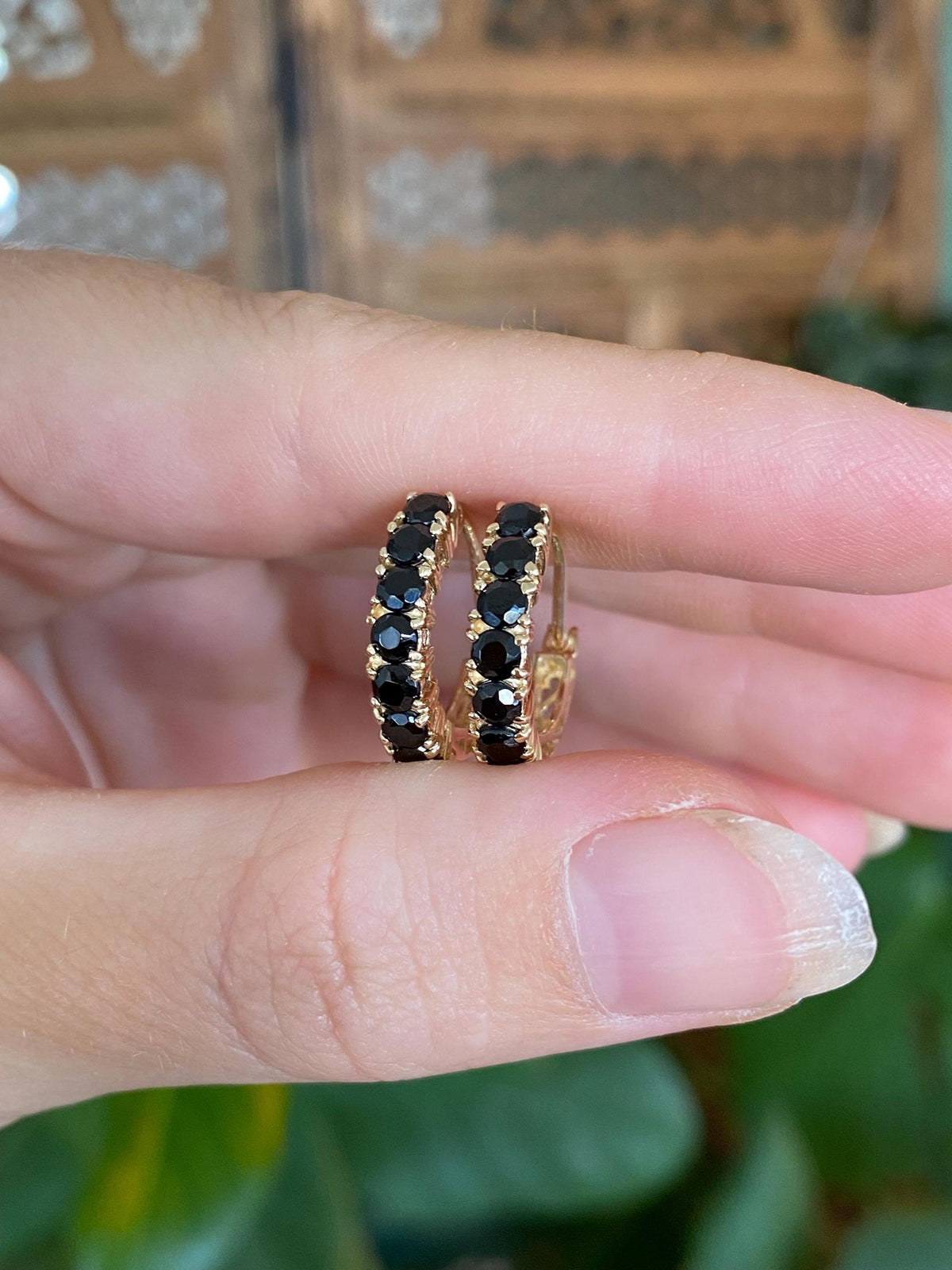 Vintage Solid 14k Yellow Gold Black Onyx Open Work Hoop Earrings