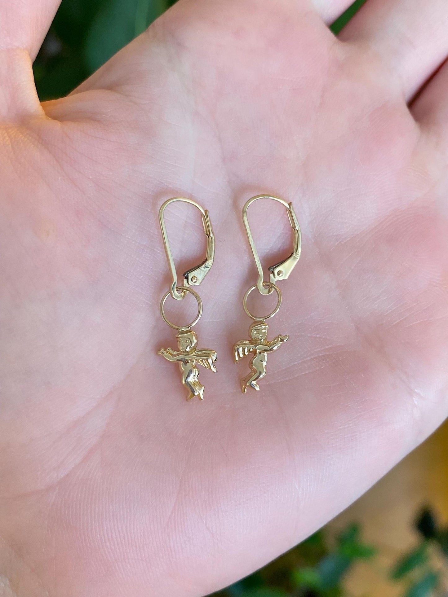 Vintage Solid 14k Yellow Gold Cherub Dangle Earrings