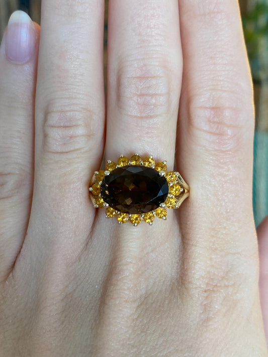 Vintage Solid 14k Yellow Gold Smokey Quartz Citrine Halo Ring - Size 10