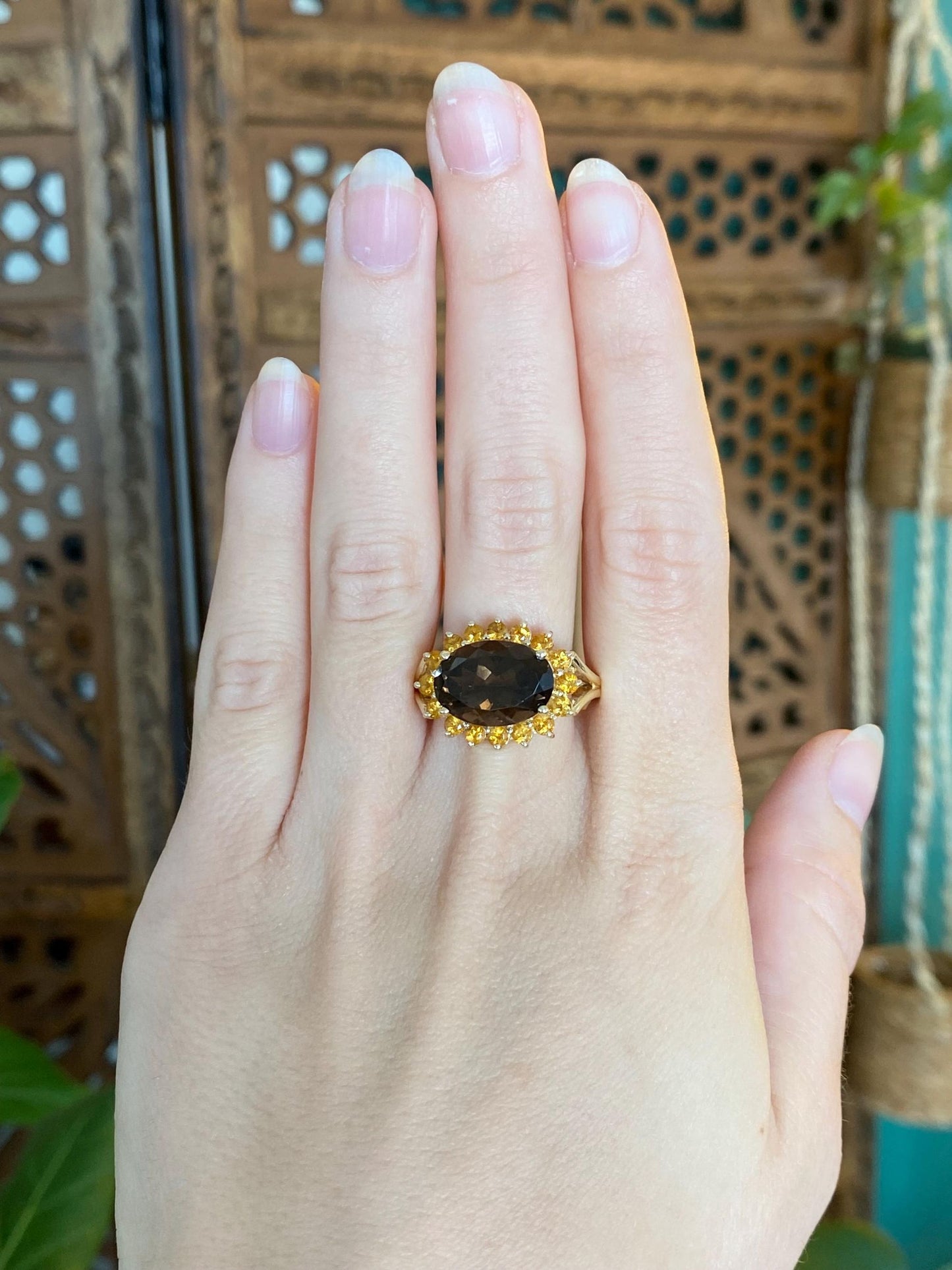 Vintage Solid 14k Yellow Gold Smokey Quartz Citrine Halo Ring - Size 10