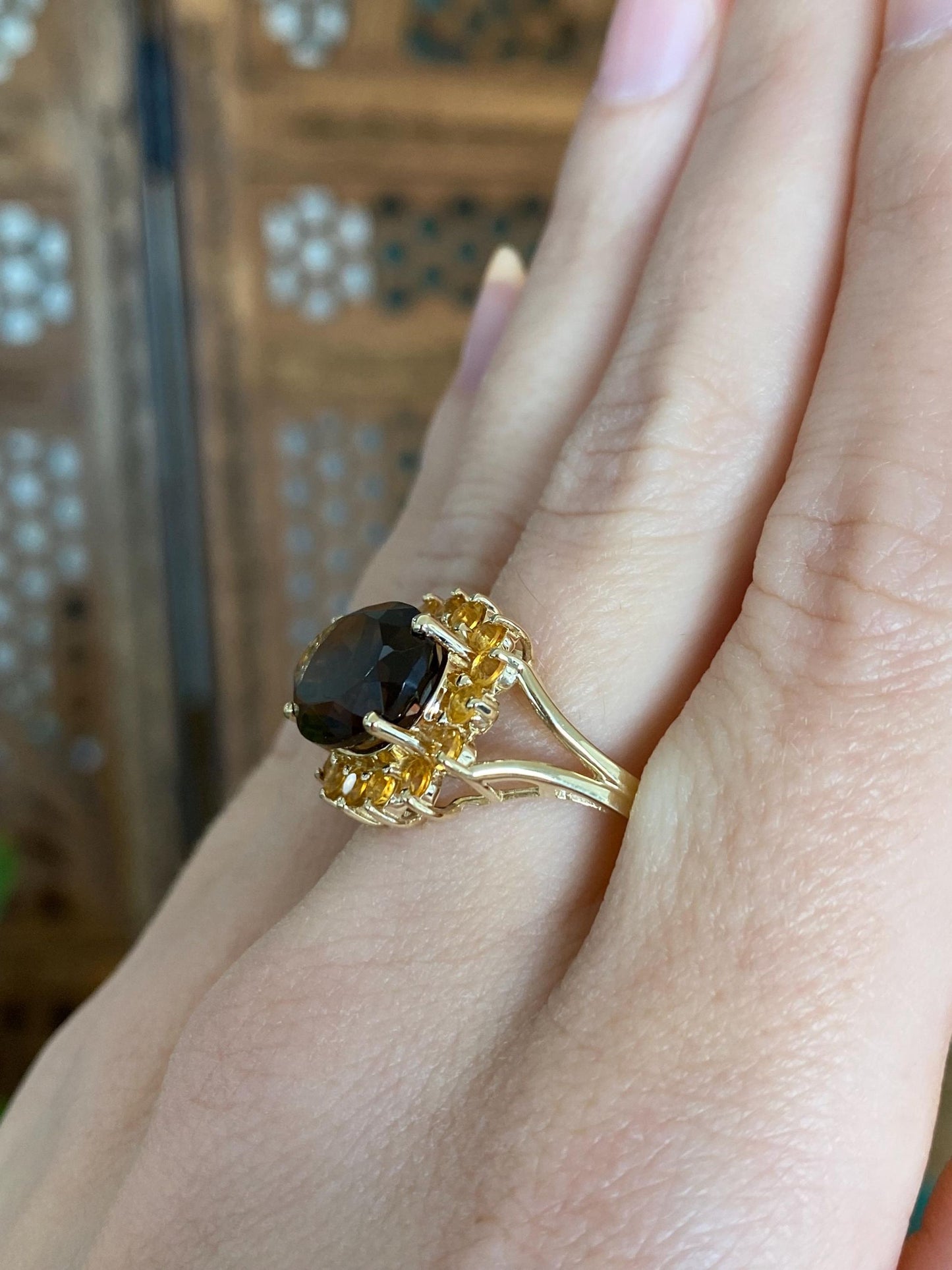 Vintage Solid 14k Yellow Gold Smokey Quartz Citrine Halo Ring - Size 10