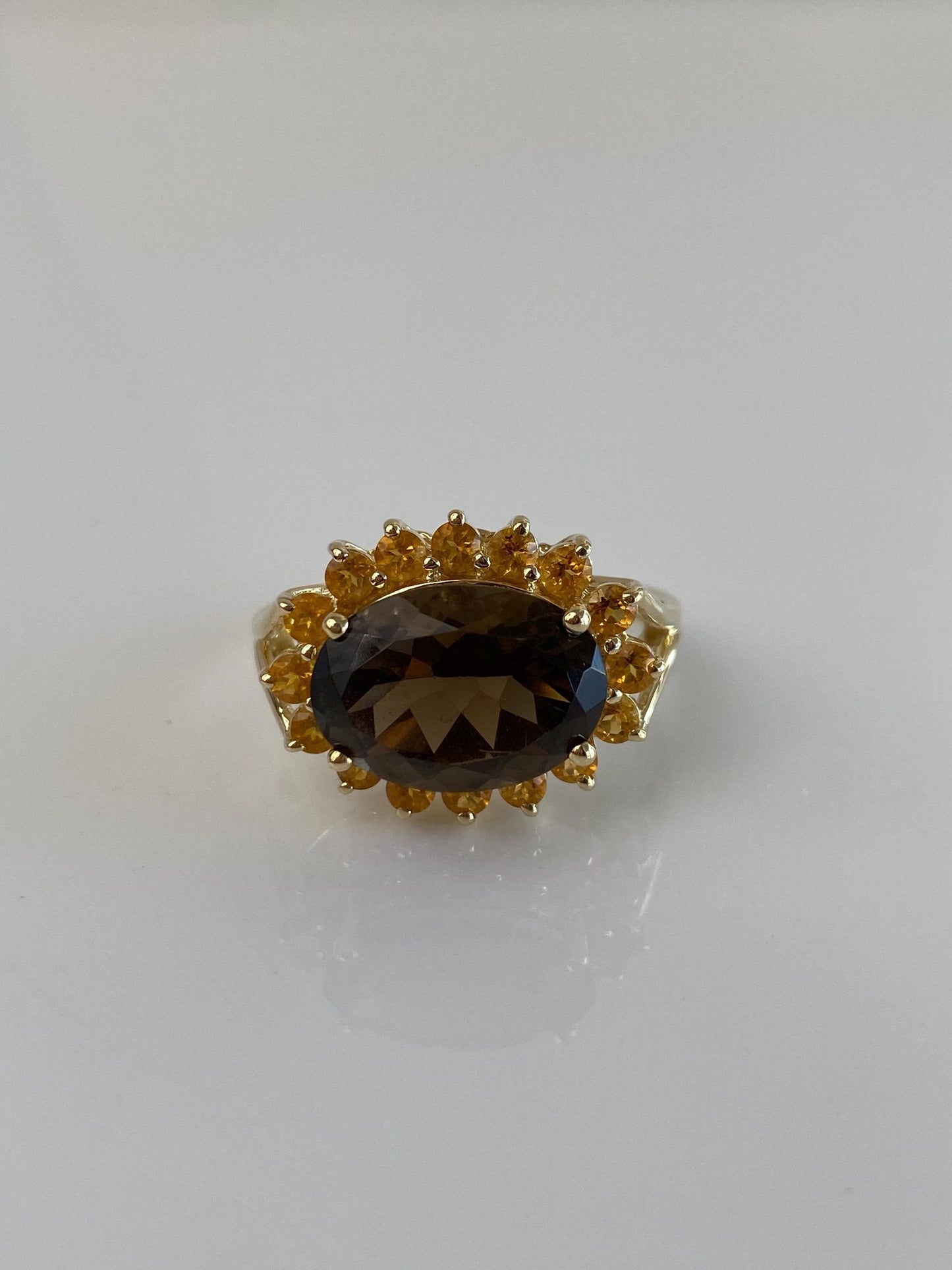 Vintage Solid 14k Yellow Gold Smokey Quartz Citrine Halo Ring - Size 10