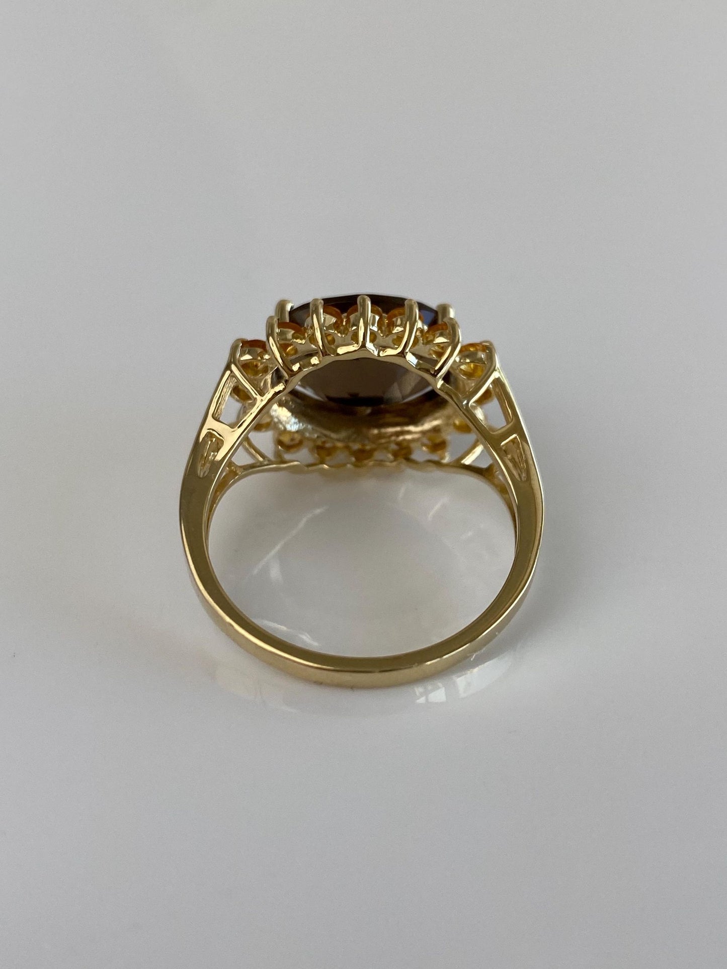 Vintage Solid 14k Yellow Gold Smokey Quartz Citrine Halo Ring - Size 10