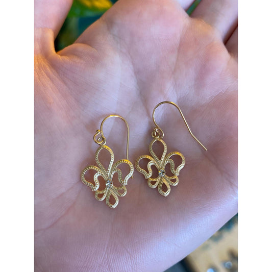 Vintage Solid 14k Yellow Gold Fleur-de-lis Dangle Earrings