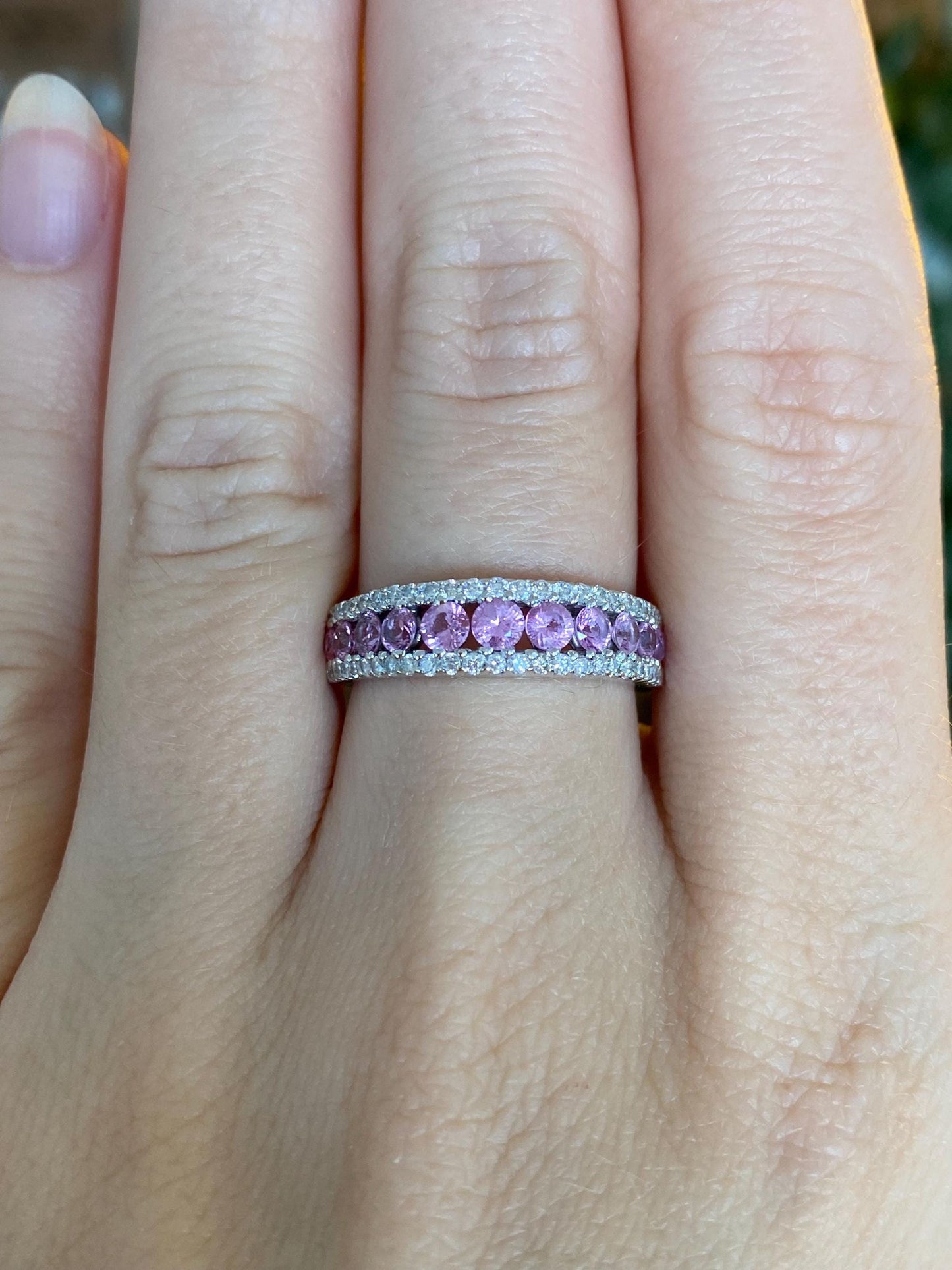 Vintage Solid 18k White Gold Diamond Pink Sapphire Row Ring Band - Size 6.75