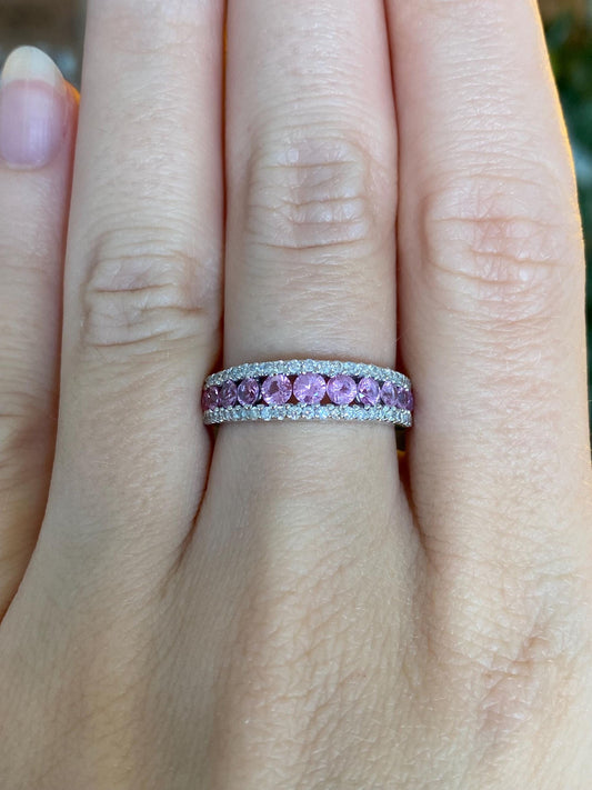 Vintage Solid 18k White Gold Diamond Pink Sapphire Row Ring Band - Size 6.75