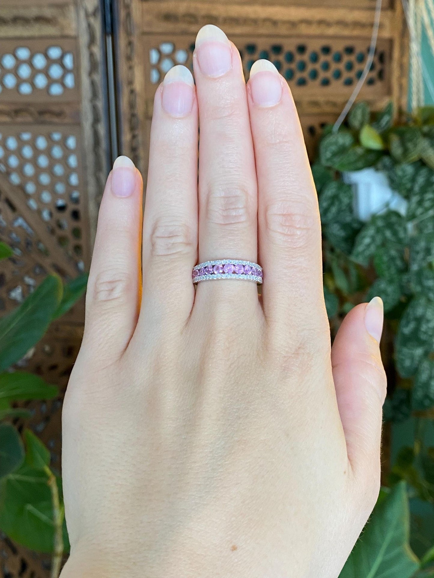 Vintage Solid 18k White Gold Diamond Pink Sapphire Row Ring Band - Size 6.75