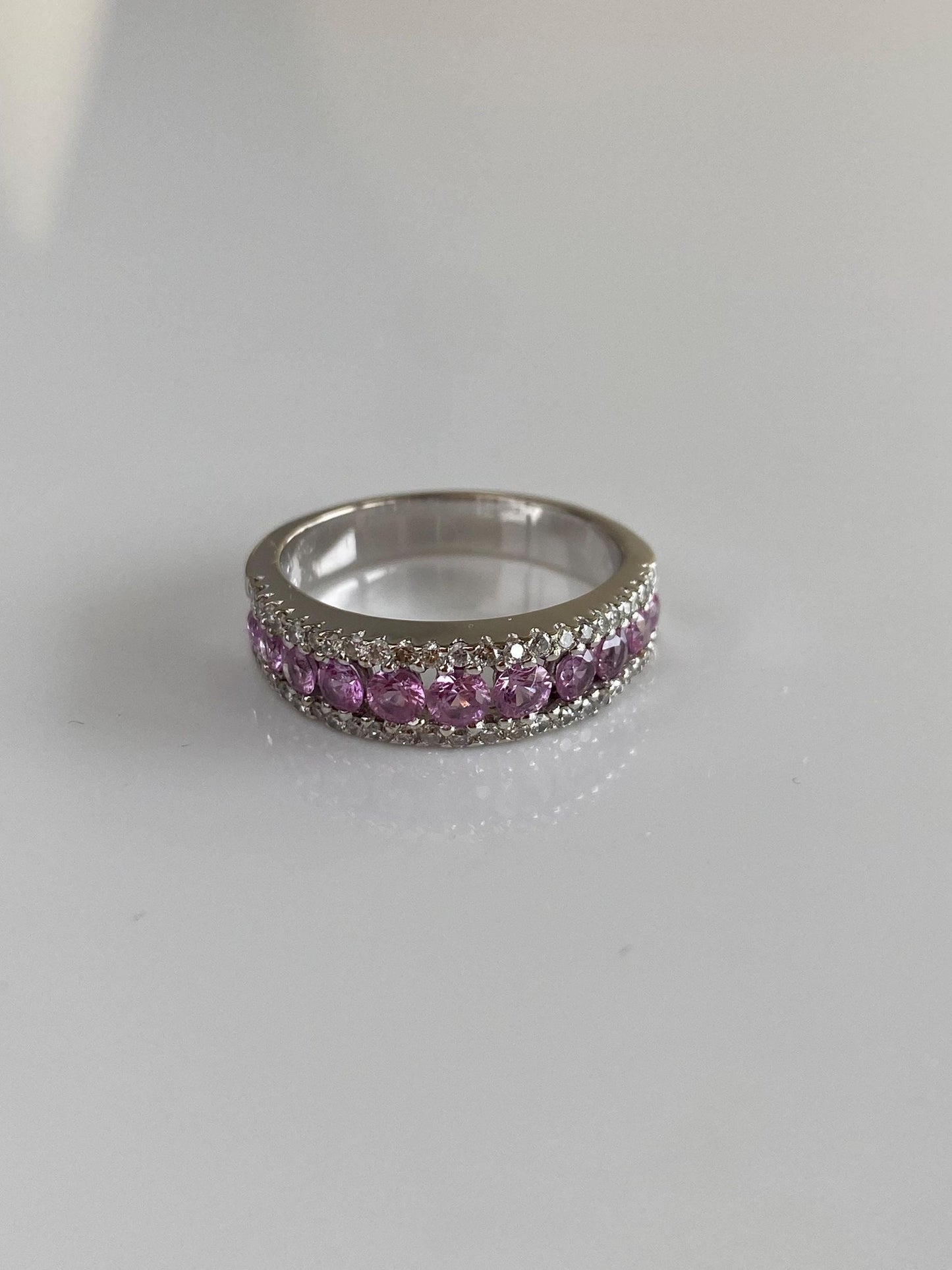 Vintage Solid 18k White Gold Diamond Pink Sapphire Row Ring Band - Size 6.75