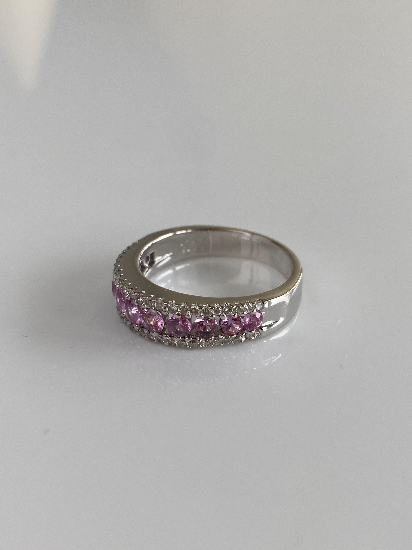 Vintage Solid 18k White Gold Diamond Pink Sapphire Row Ring Band - Size 6.75