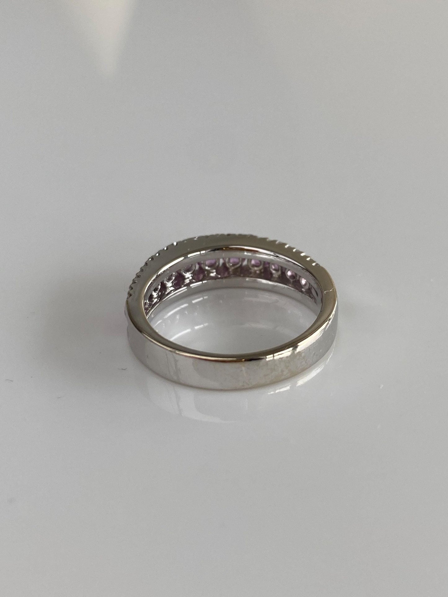 Vintage Solid 18k White Gold Diamond Pink Sapphire Row Ring Band - Size 6.75
