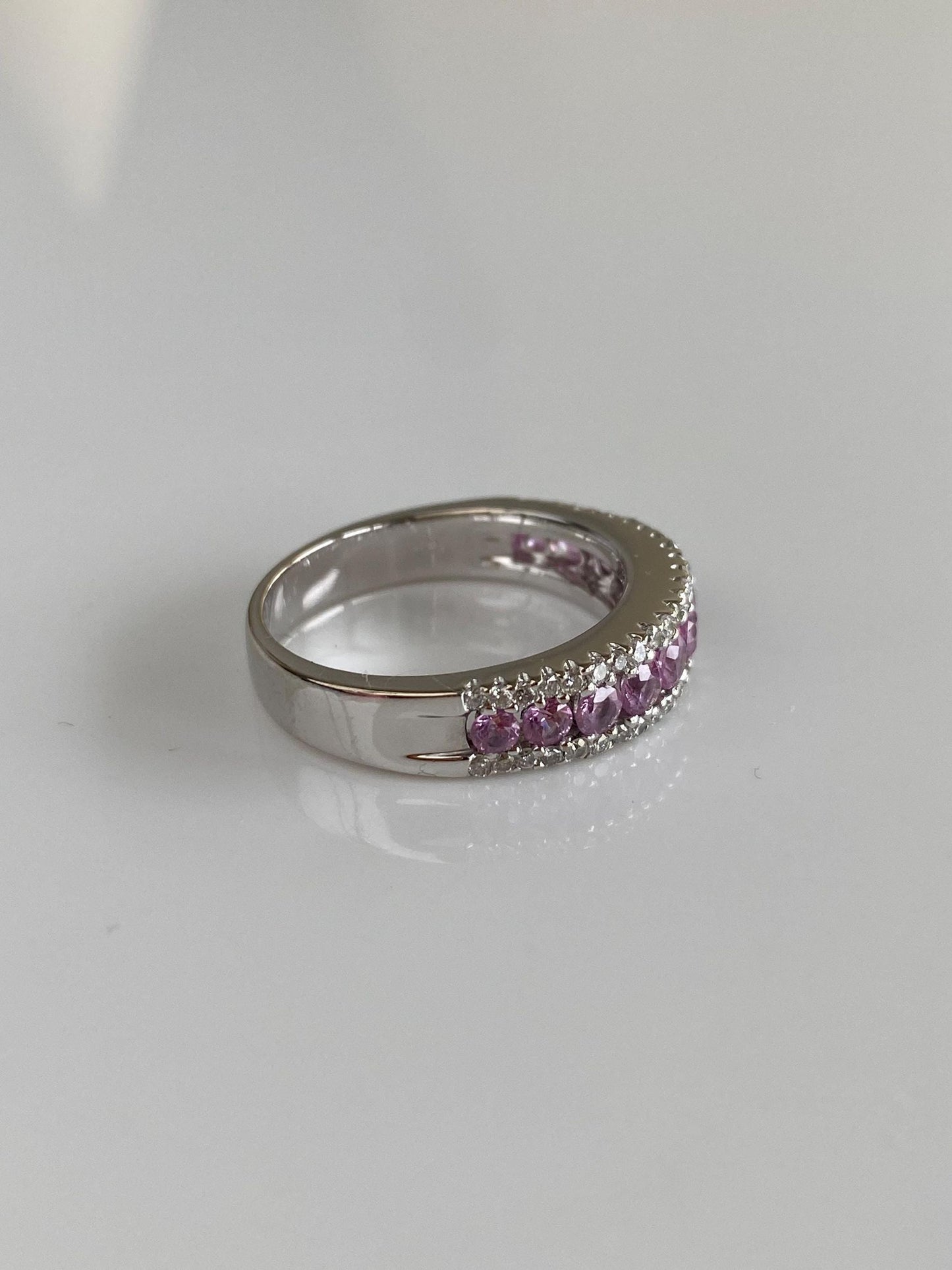 Vintage Solid 18k White Gold Diamond Pink Sapphire Row Ring Band - Size 6.75