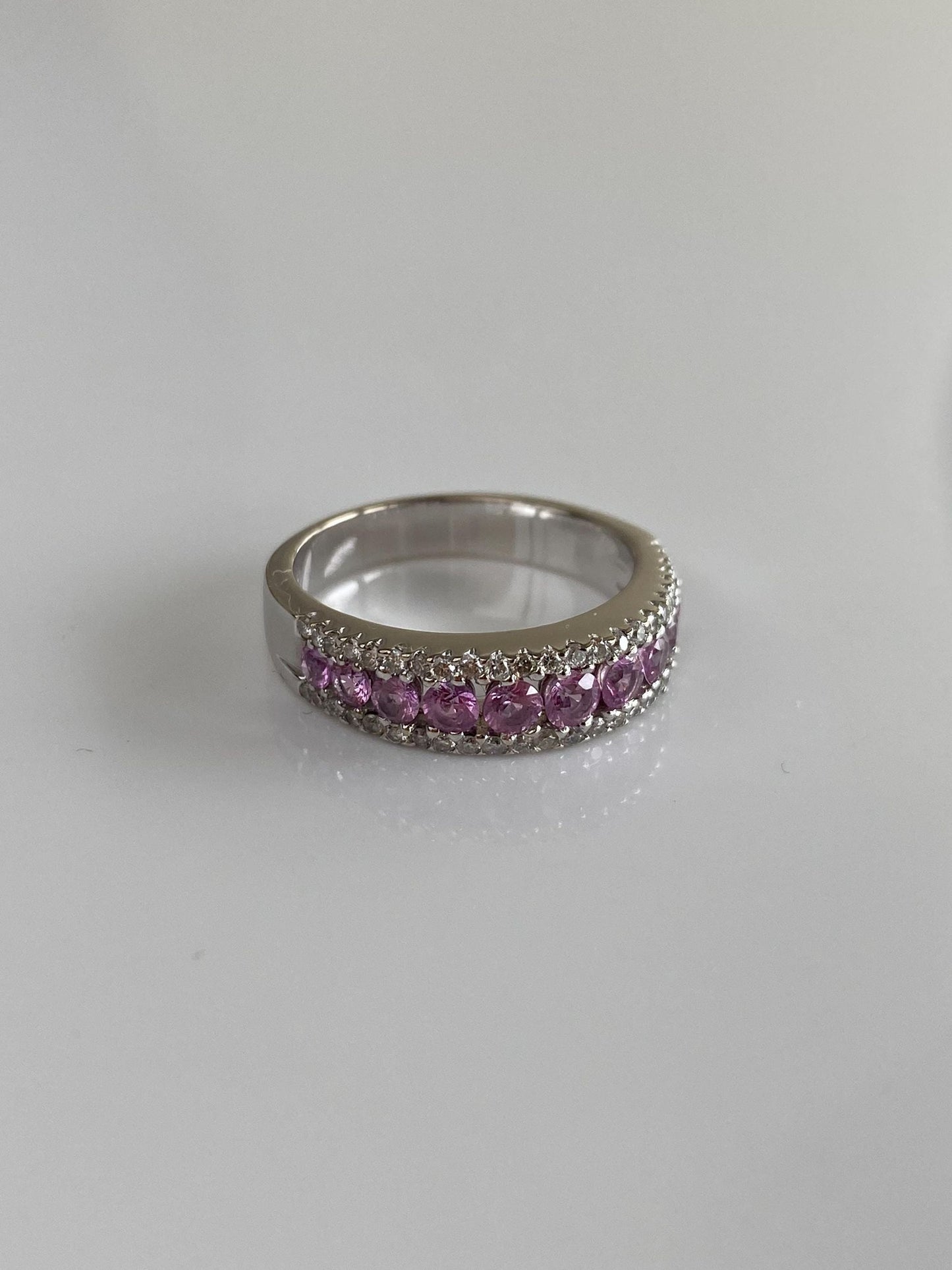 Vintage Solid 18k White Gold Diamond Pink Sapphire Row Ring Band - Size 6.75