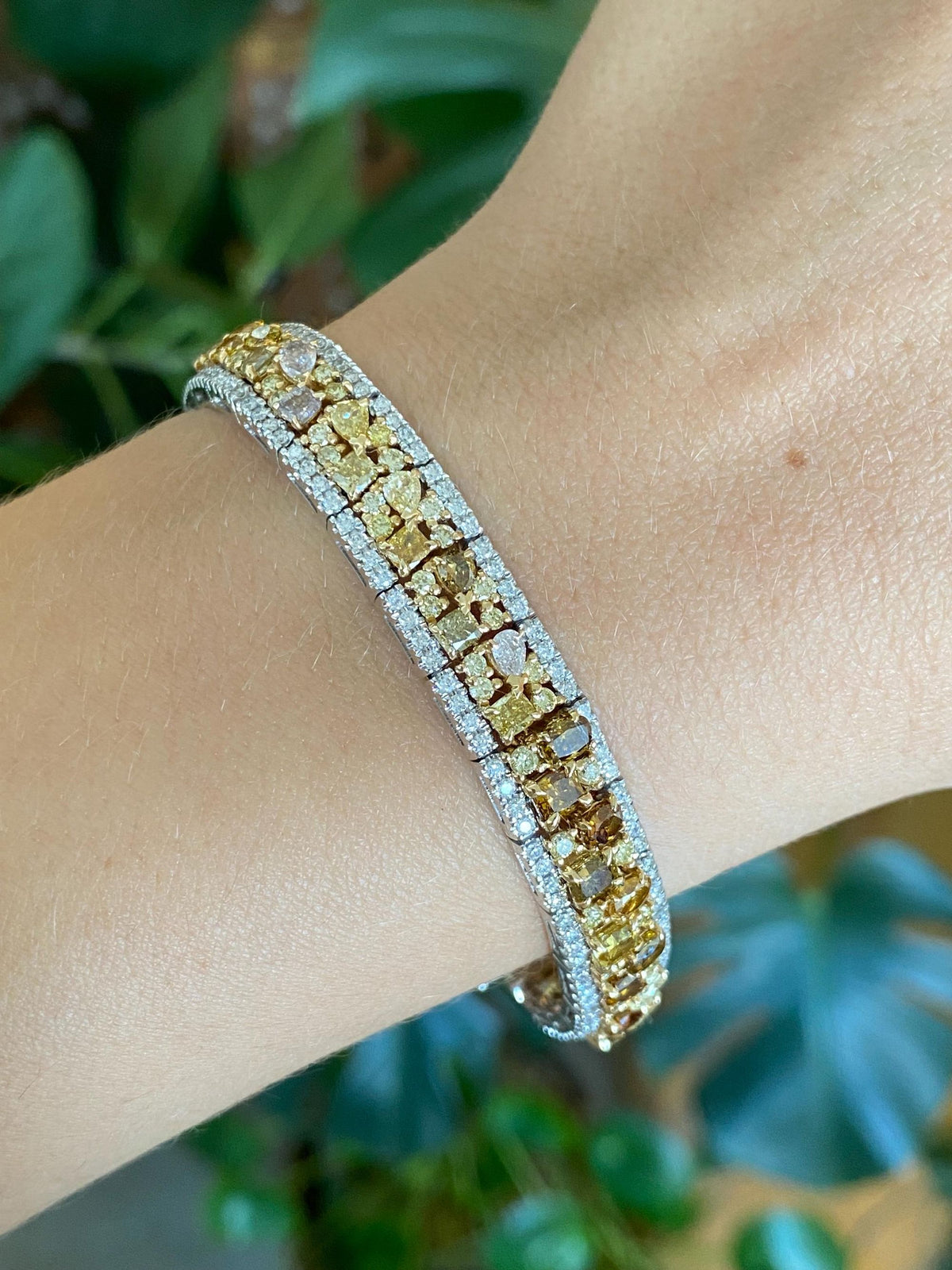 Vintage Solid 14k White Gold Clear Yellow Brown Champagne Diamond Link Bracelet - 7 Inches