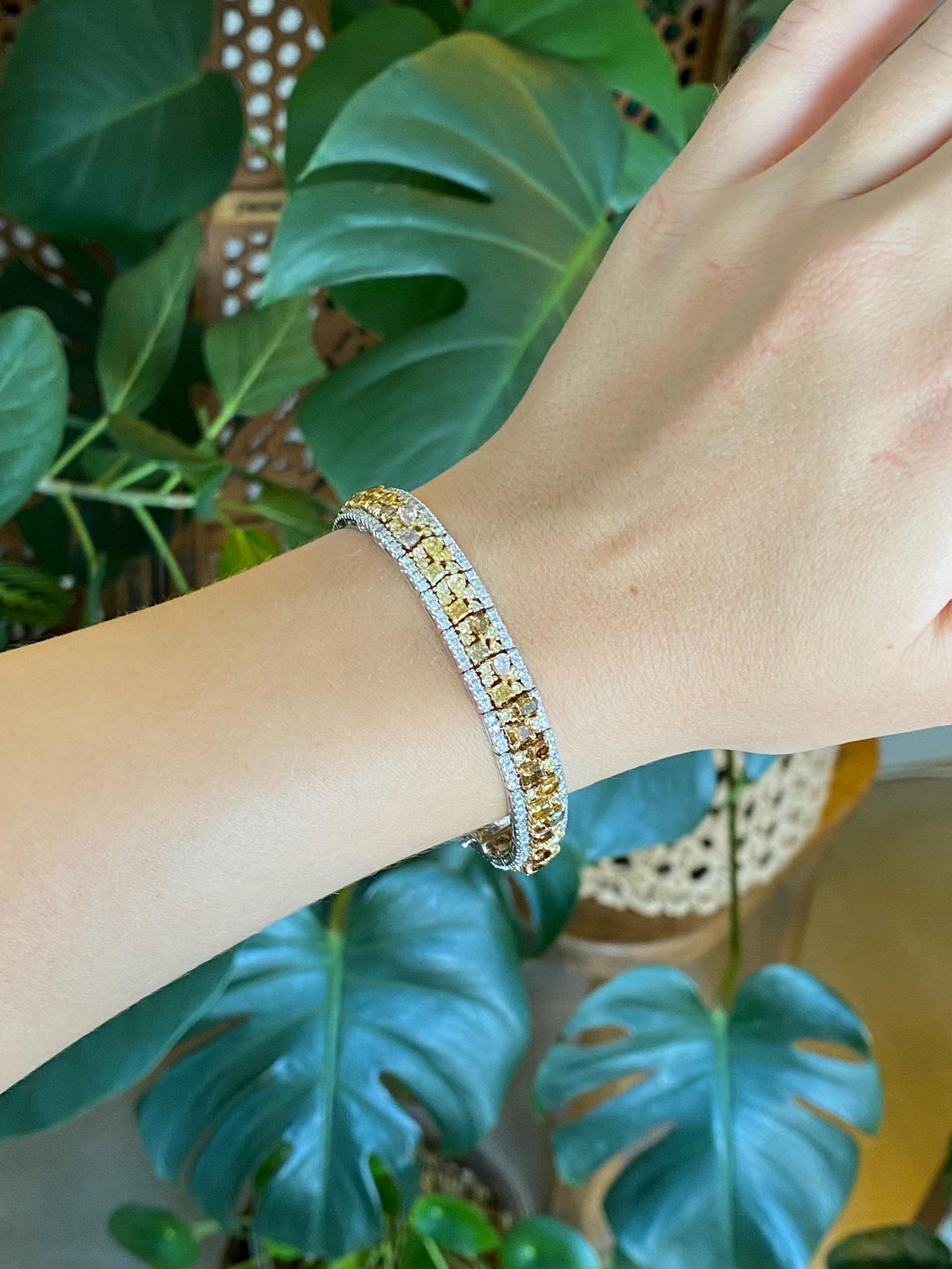 Vintage Solid 14k White Gold Clear Yellow Brown Champagne Diamond Link Bracelet - 7 Inches