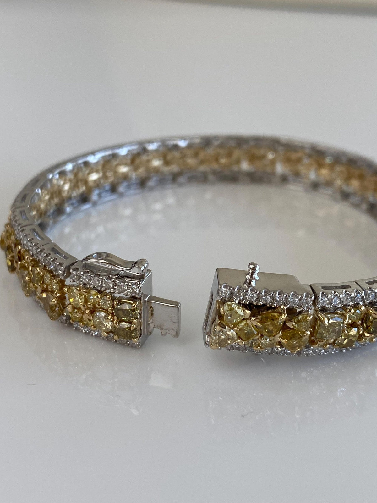 Vintage Solid 14k White Gold Clear Yellow Brown Champagne Diamond Link Bracelet - 7 Inches