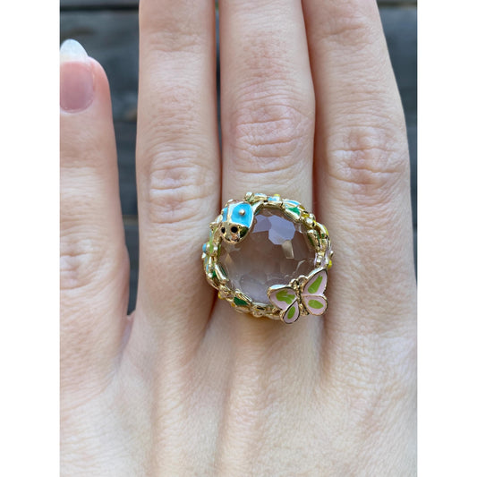 Vintage Solid 14k Yellow Gold Clear Quartz Colored Enamel Flower Ladybug Cocktail Ring - Size 6.25
