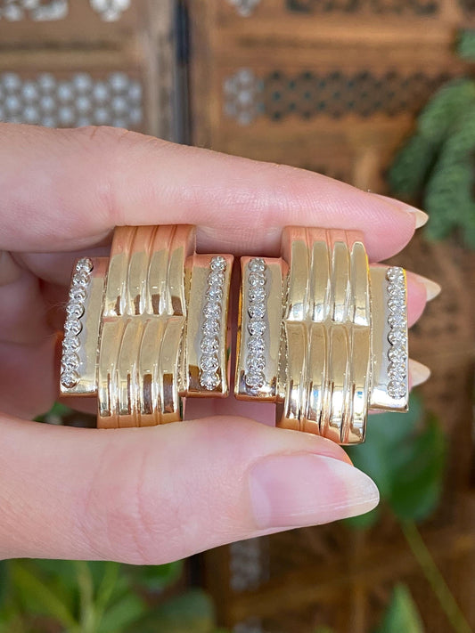 Vintage 14k White & Yellow Gold Large Diamond Design Stud Earrings