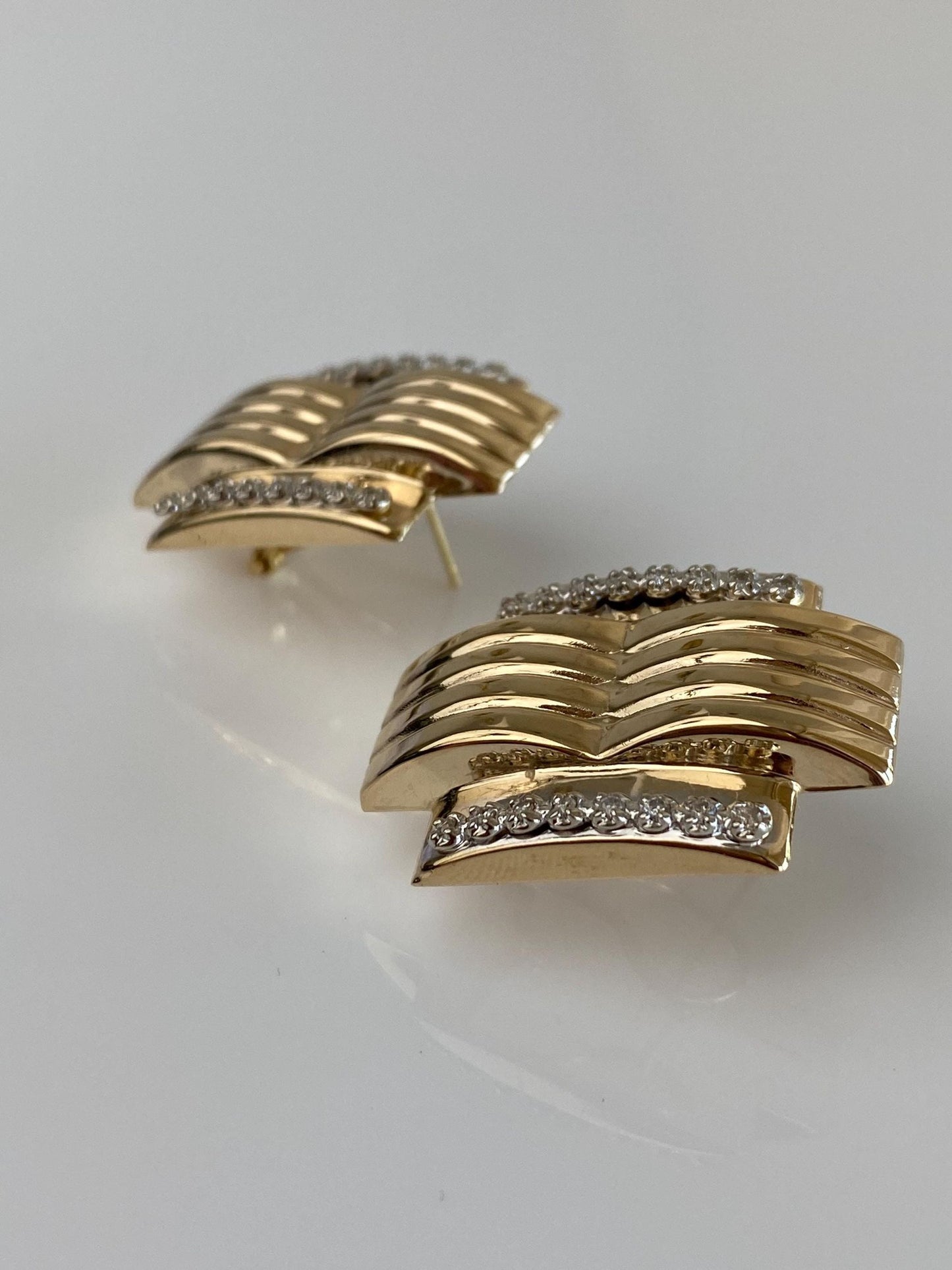Vintage 14k White & Yellow Gold Large Diamond Design Stud Earrings