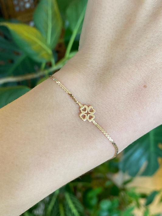 Vintage Solid 14k Yellow Gold Clover Serpentine Chain Bracelet - 7 inches