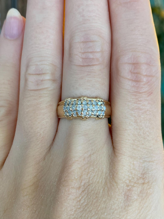 Vintage Solid 14k Yellow Gold Diamond Rows Ring Band - Size 6.75