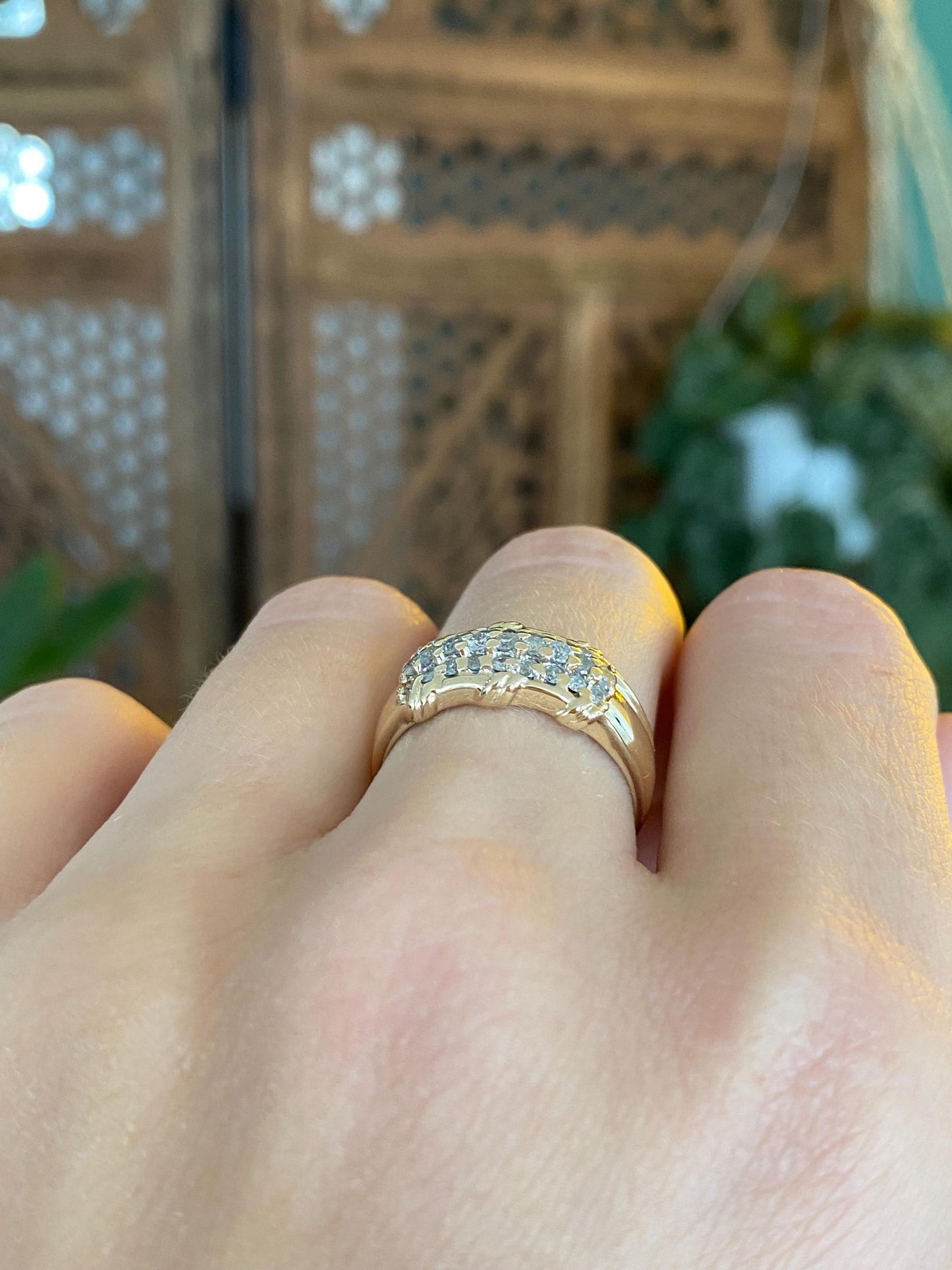 Vintage Solid 14k Yellow Gold Diamond Rows Ring Band - Size 6.75