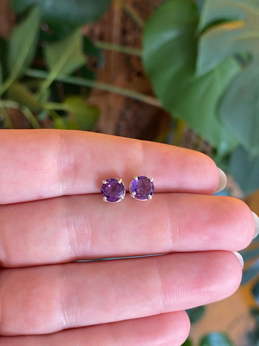 Vintage Solid Sterling Silver Amethyst Stud Earrings