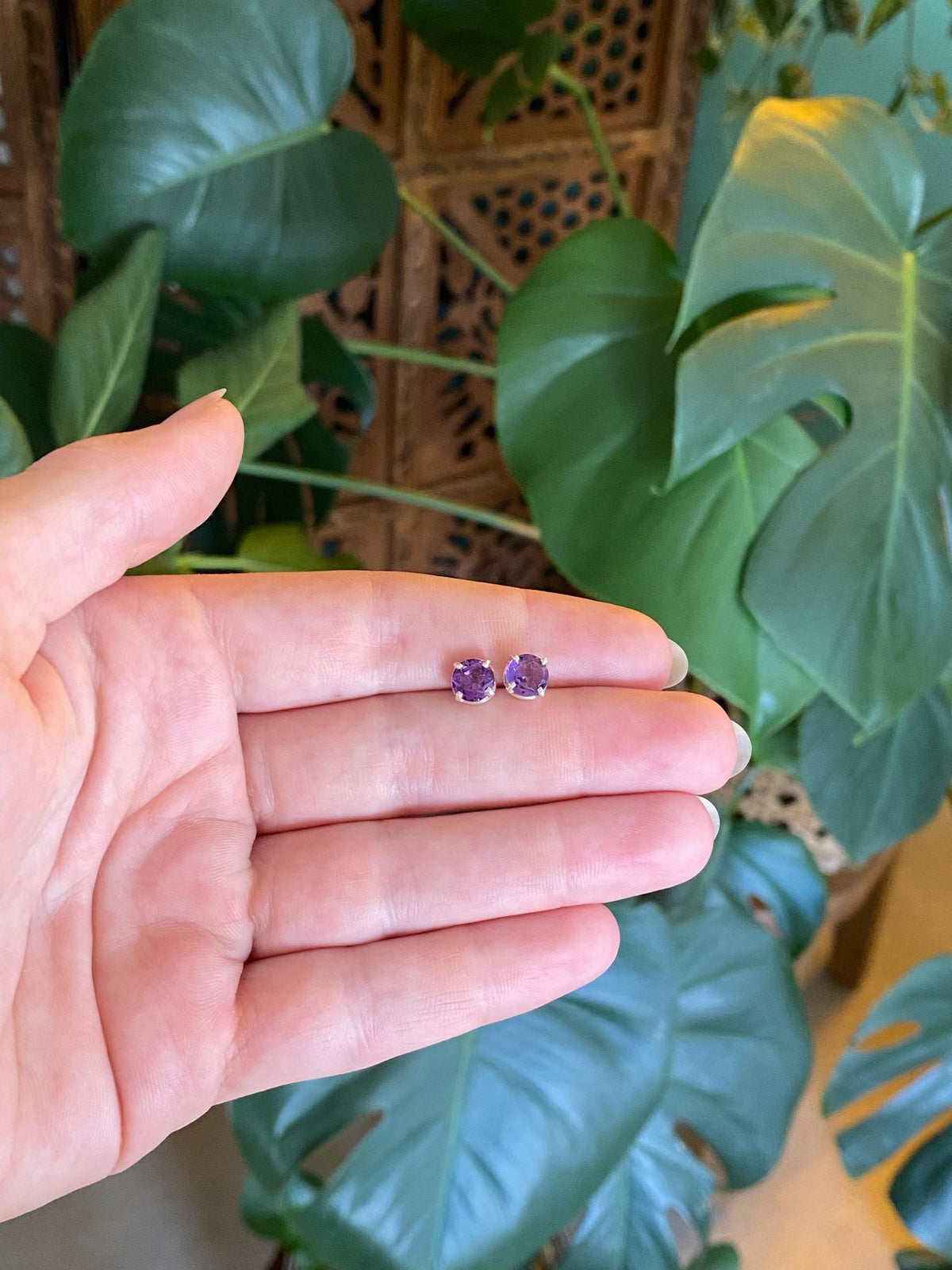Vintage Solid Sterling Silver Amethyst Stud Earrings
