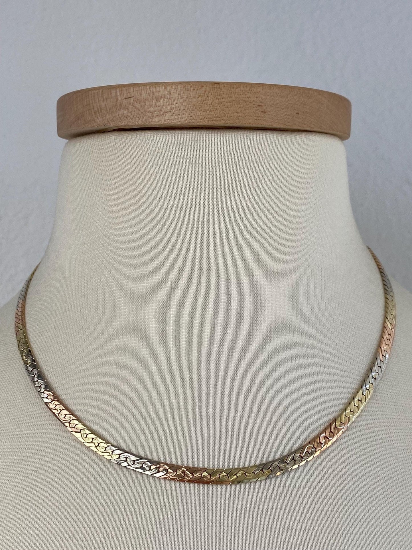 Vintage Solid 14k Tri Tone Gold Chunky Herringbone Chain Necklace - 18.25 inches