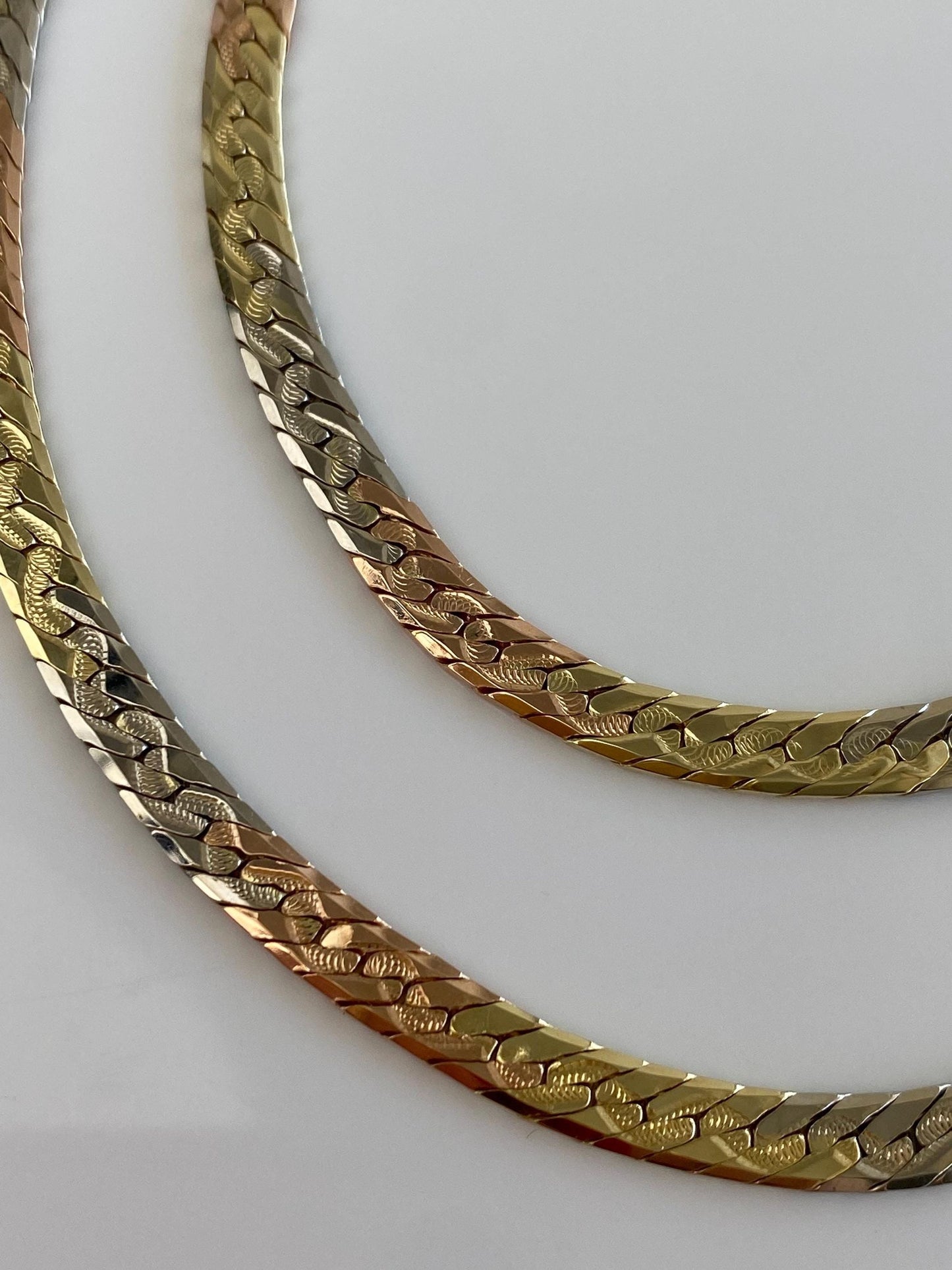 Vintage Solid 14k Tri Tone Gold Chunky Herringbone Chain Necklace - 18.25 inches