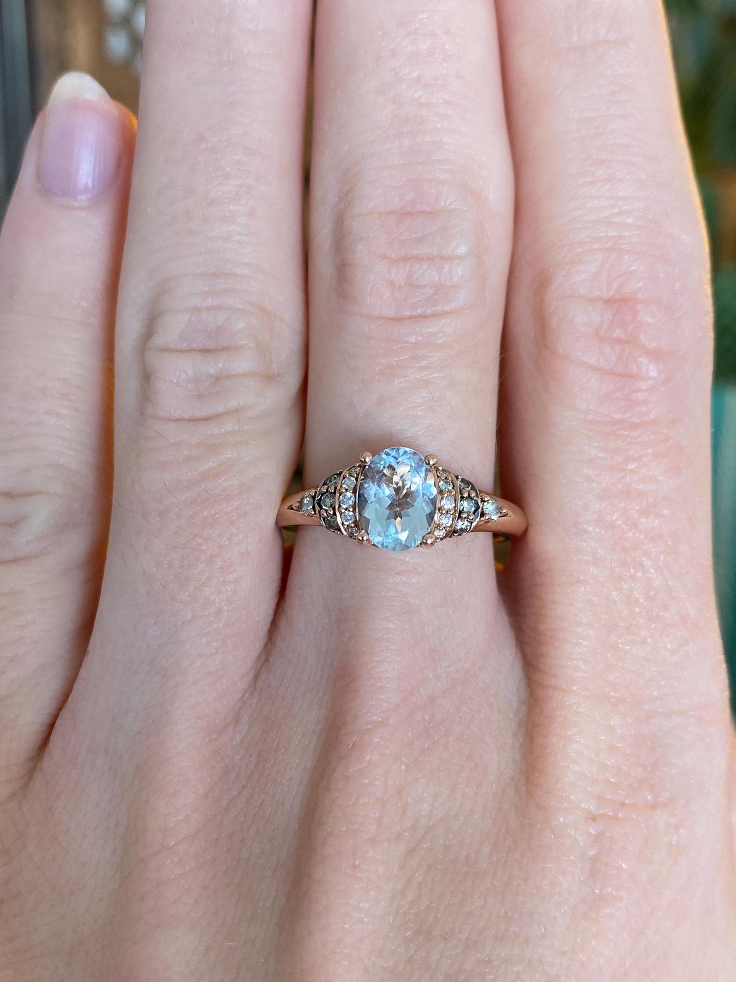 Vintage Solid 14k Rose Gold Diamond Aquamarine Ring - Size 7.5