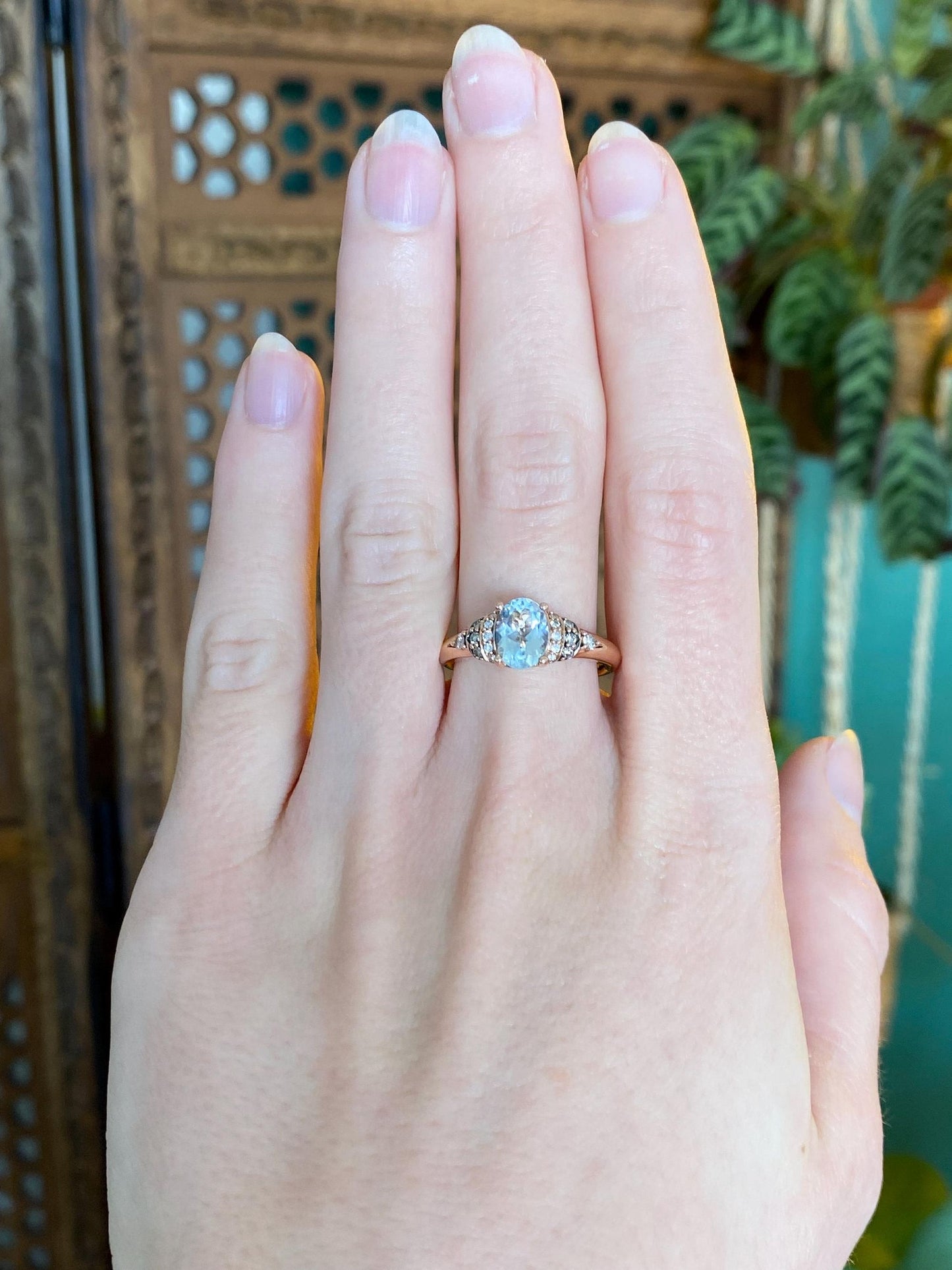 Vintage Solid 14k Rose Gold Diamond Aquamarine Ring - Size 7.5